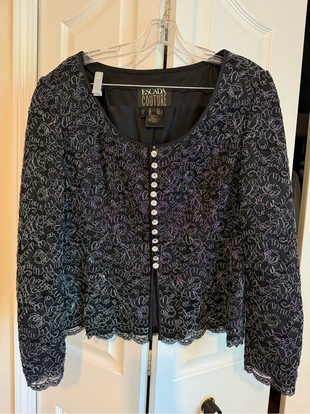 Escada Black Lace Button-Front Jacket with Purple Embroidery